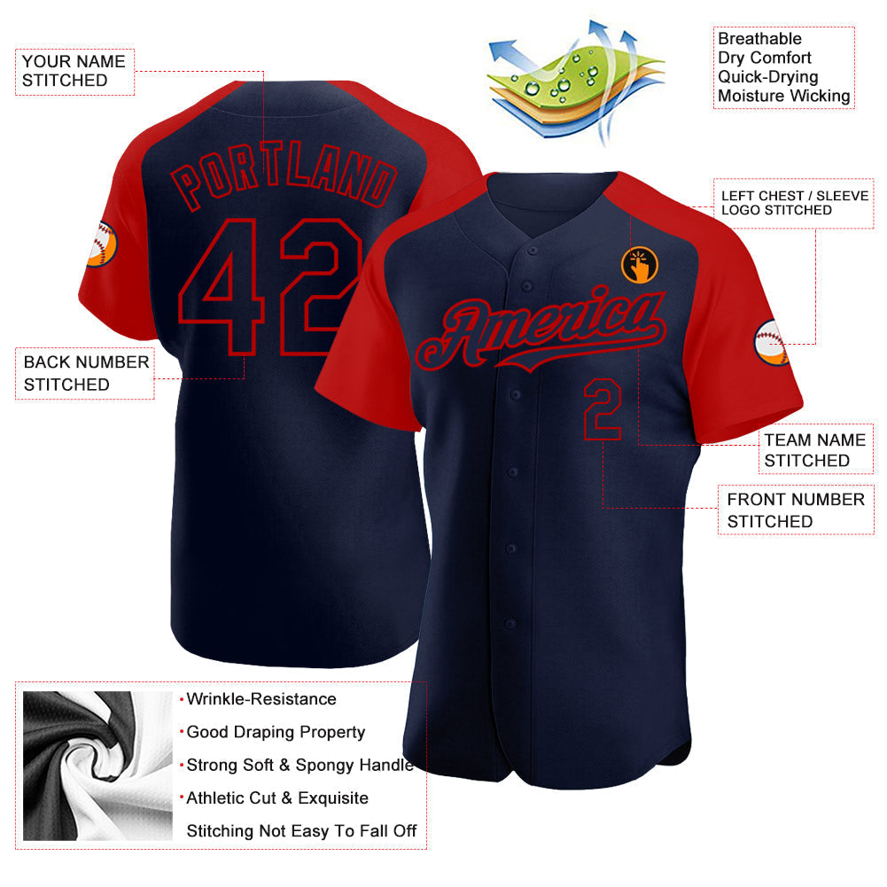 Custom Navy Red Authentic Raglan Sleeves Baseball Jersey baseball jersey product view 3