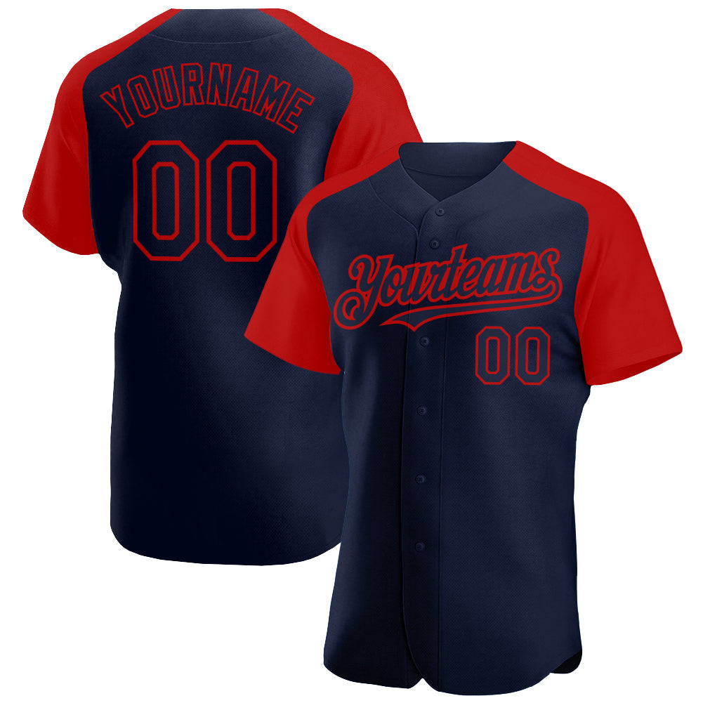 Custom Navy Red Authentic Raglan Sleeves Baseball Jersey baseball jersey product view 1