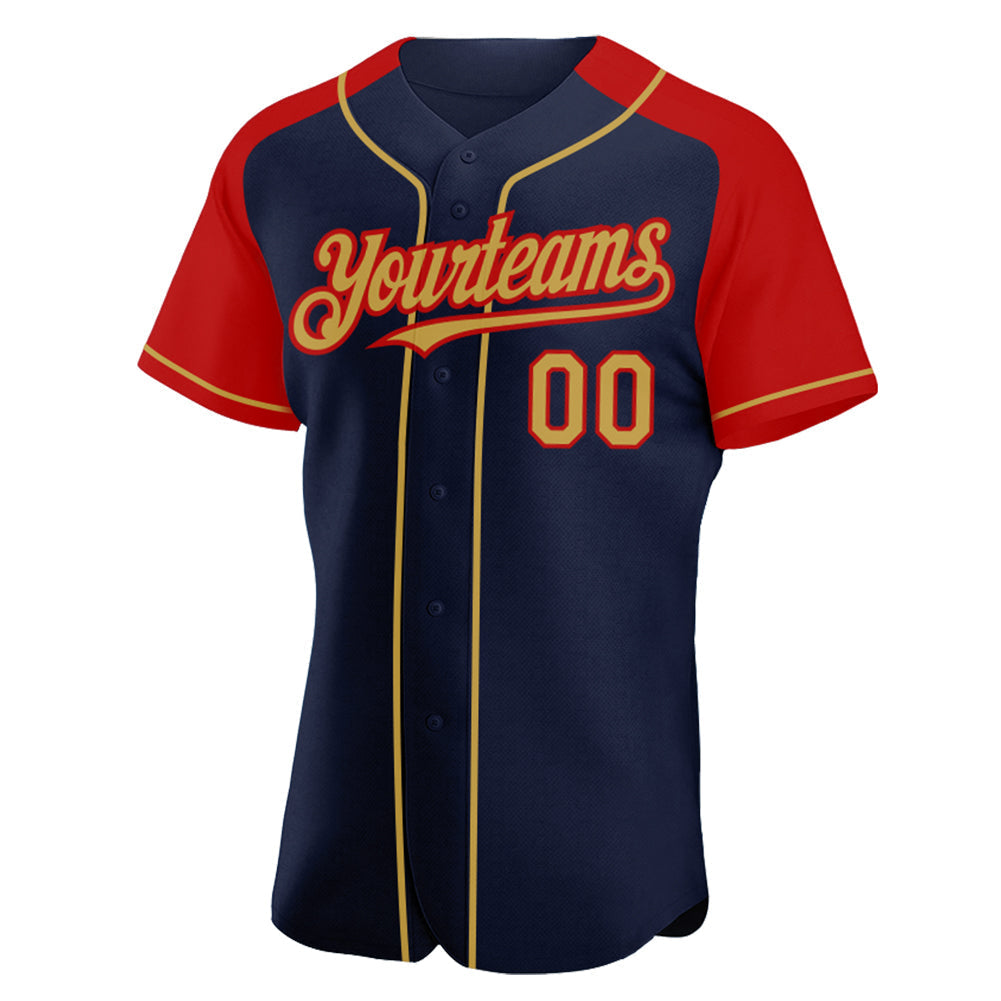Custom Navy Old Gold-Red Authentic Raglan Sleeves Baseball Jersey baseball jersey product view 2