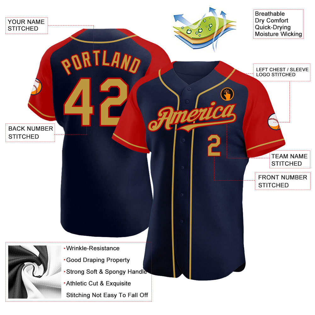 Custom Navy Old Gold-Red Authentic Raglan Sleeves Baseball Jersey baseball jersey product view 3