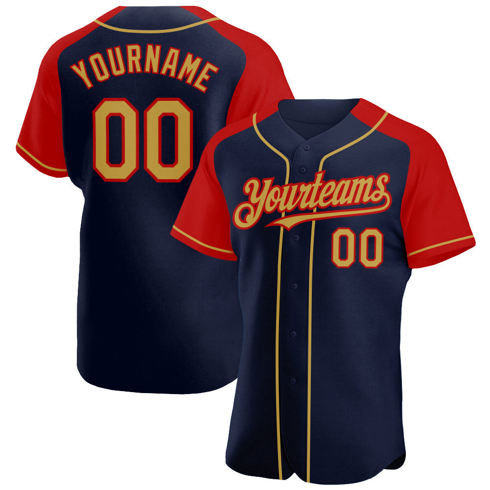 Custom Navy Old Gold-Red Authentic Raglan Sleeves Baseball Jersey baseball jersey product view 1
