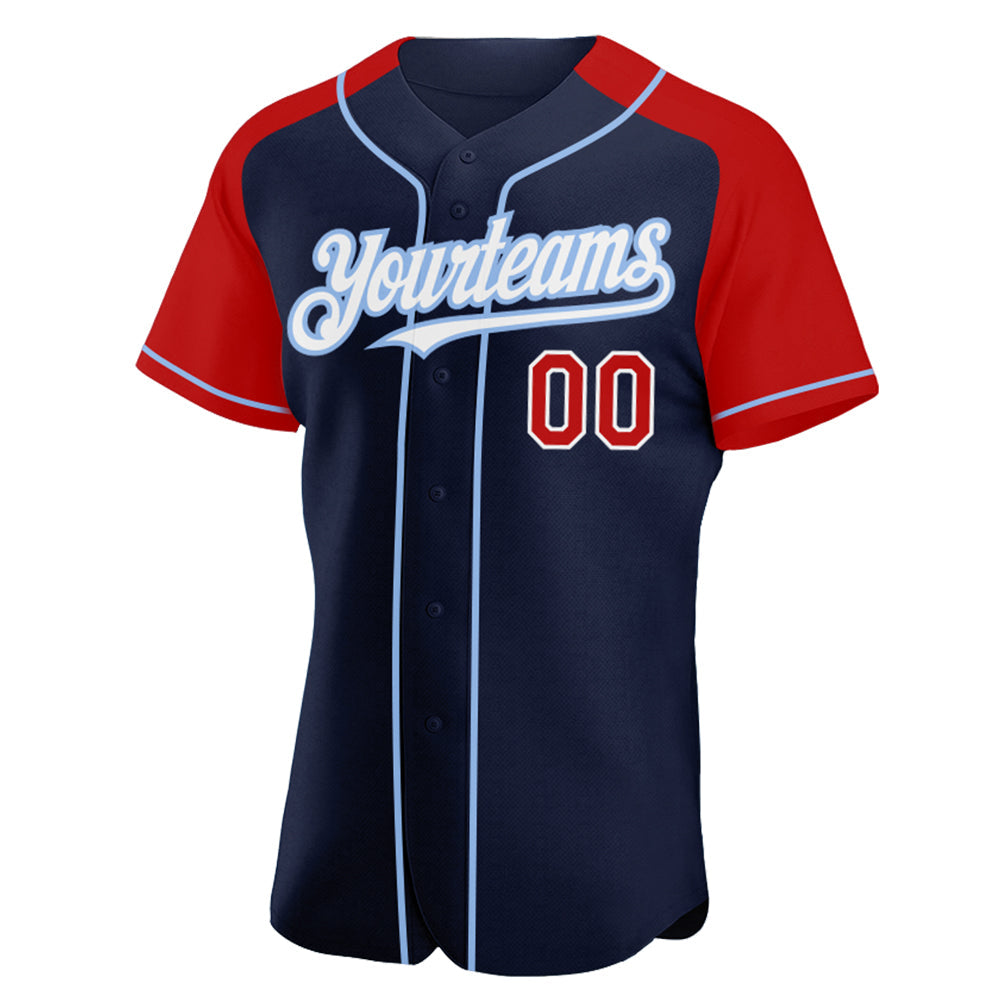 Custom Navy Red-Light Blue Authentic Raglan Sleeves Baseball Jersey baseball jersey product view 2