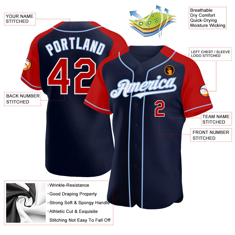 Custom Navy Red-Light Blue Authentic Raglan Sleeves Baseball Jersey baseball jersey product view 3