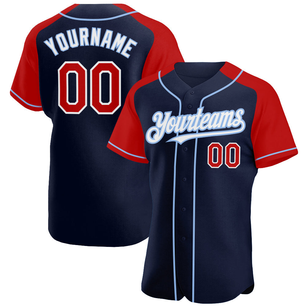 Custom Navy Red-Light Blue Authentic Raglan Sleeves Baseball Jersey baseball jersey product view 1