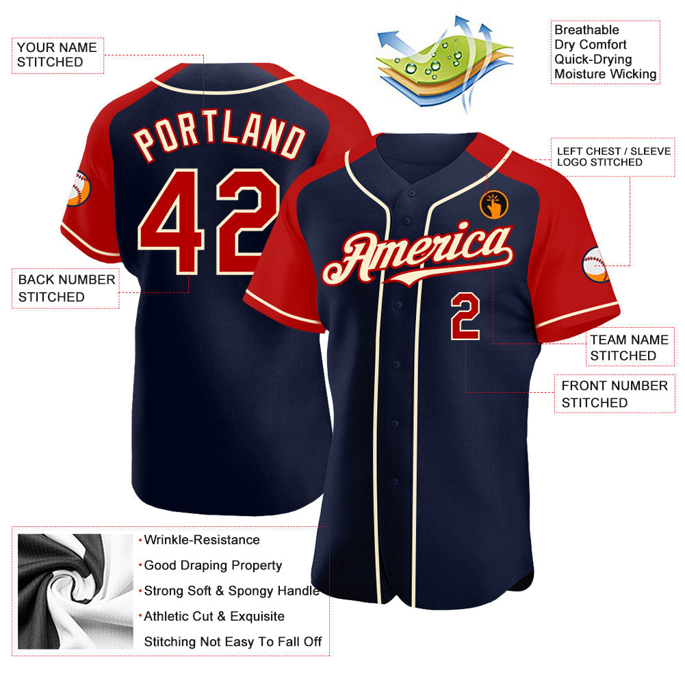 Custom Navy Red-Cream Authentic Raglan Sleeves Baseball Jersey baseball jersey product view 3