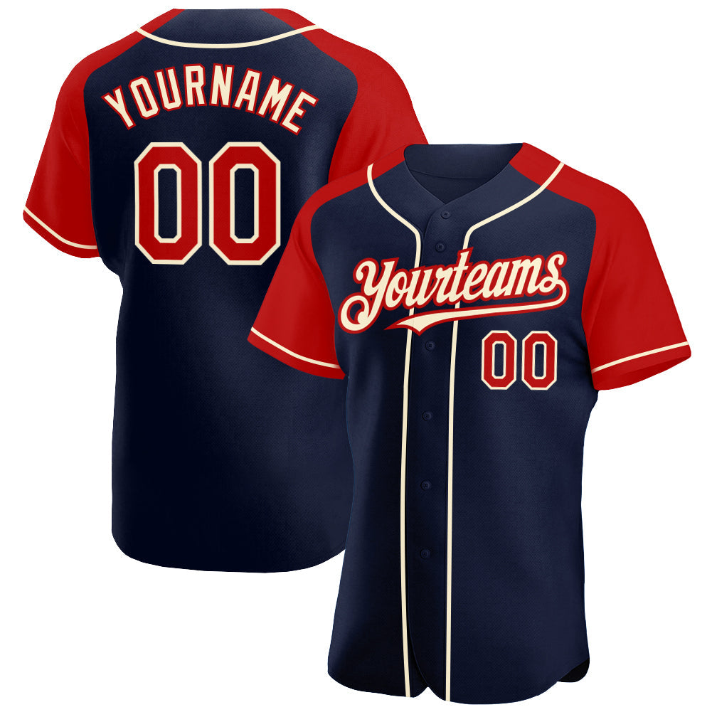 Custom Navy Red-Cream Authentic Raglan Sleeves Baseball Jersey baseball jersey product view 1