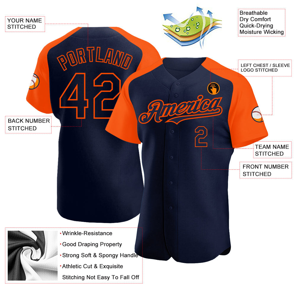 Custom Navy Orange Authentic Raglan Sleeves Baseball Jersey baseball jersey product view 3