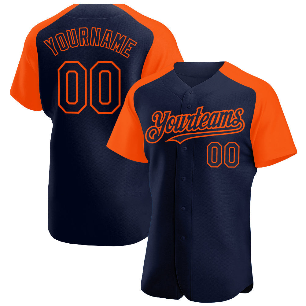 Custom Navy Orange Authentic Raglan Sleeves Baseball Jersey baseball jersey product view 1