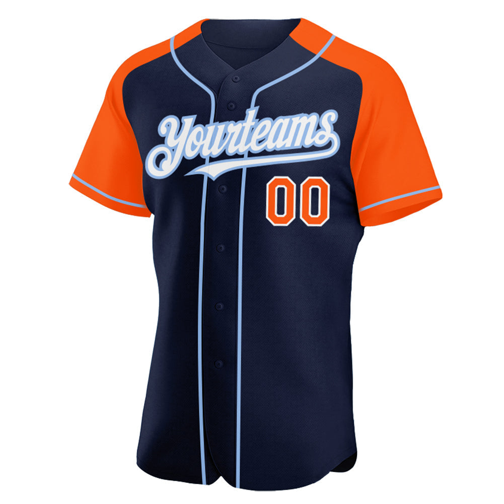 Custom Navy Orange-Light Blue Authentic Raglan Sleeves Baseball Jersey baseball jersey product view 2