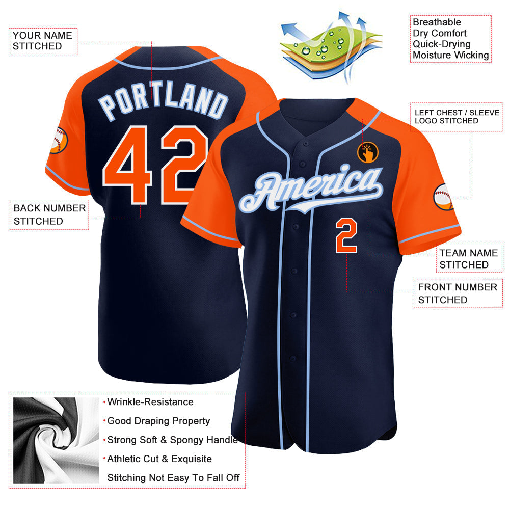 Custom Navy Orange-Light Blue Authentic Raglan Sleeves Baseball Jersey baseball jersey product view 3