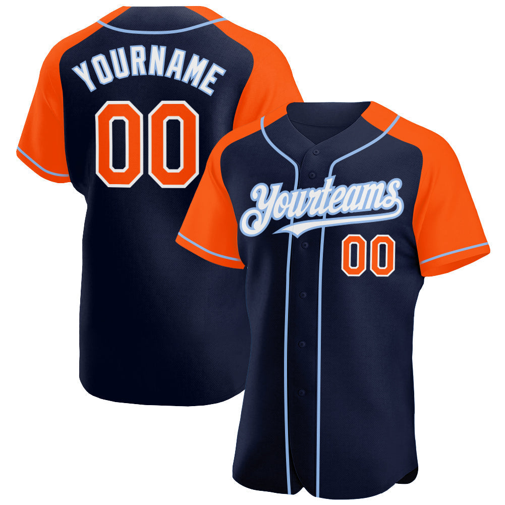 Custom Navy Orange-Light Blue Authentic Raglan Sleeves Baseball Jersey baseball jersey product view 1