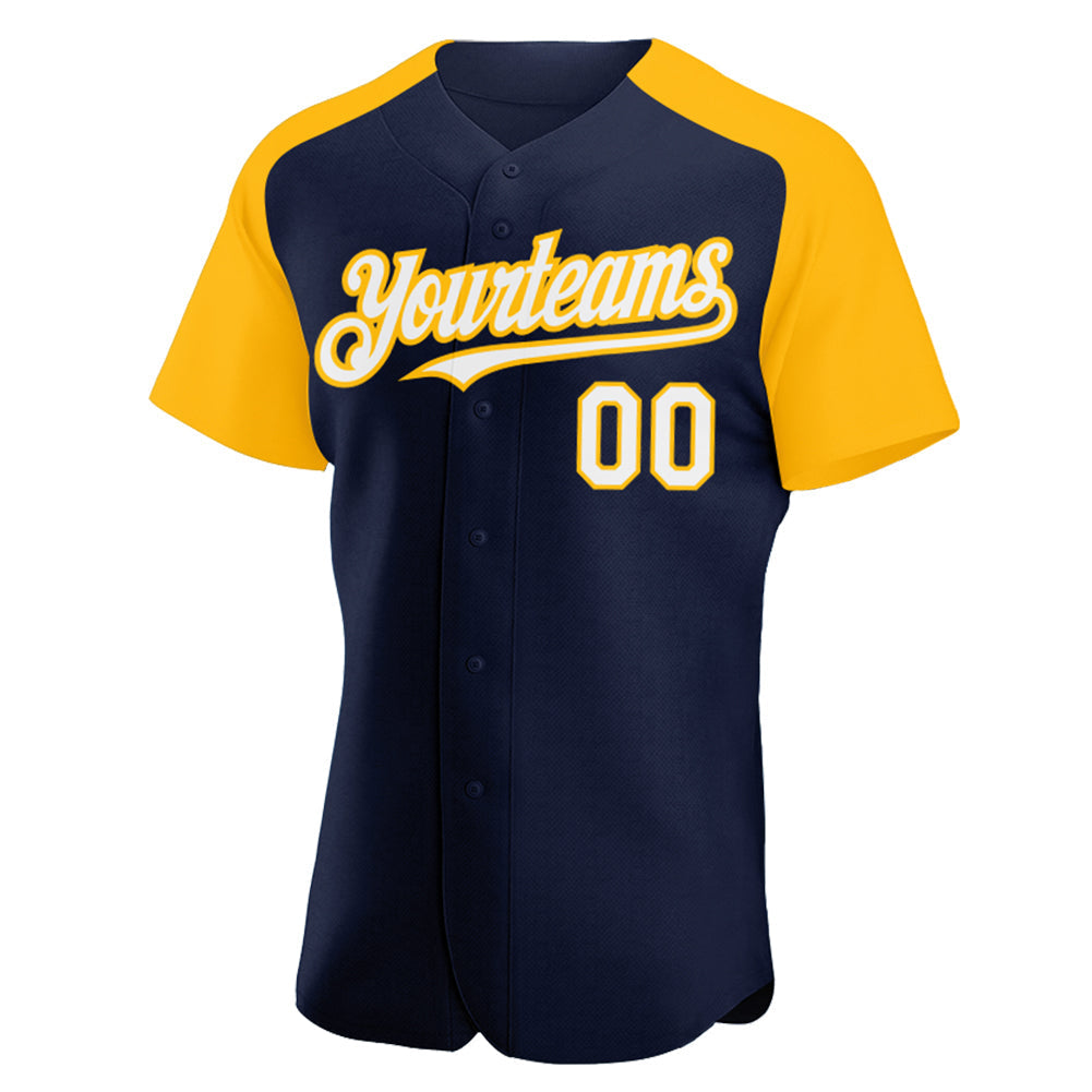 Custom Navy White-Gold Authentic Raglan Sleeves Baseball Jersey baseball jersey product view 2