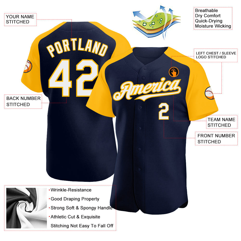 Custom Navy White-Gold Authentic Raglan Sleeves Baseball Jersey baseball jersey product view 3