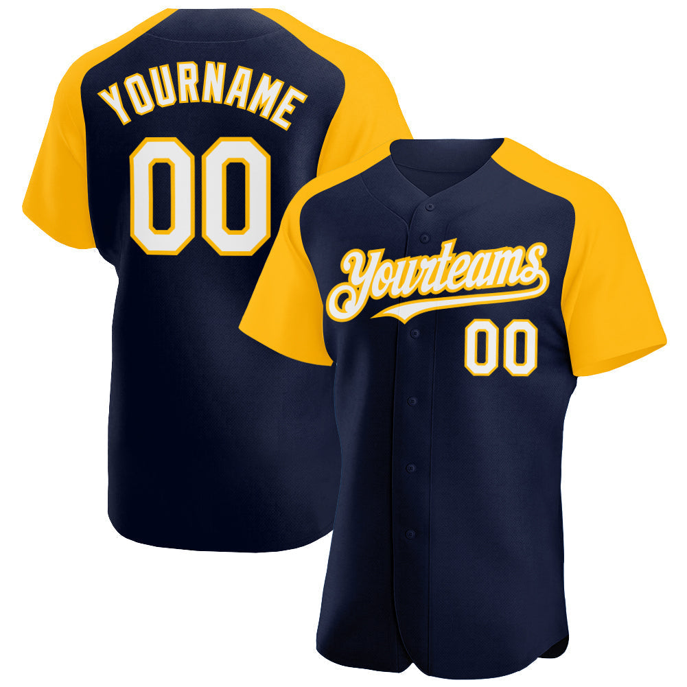 Custom Navy White-Gold Authentic Raglan Sleeves Baseball Jersey baseball jersey product view 1