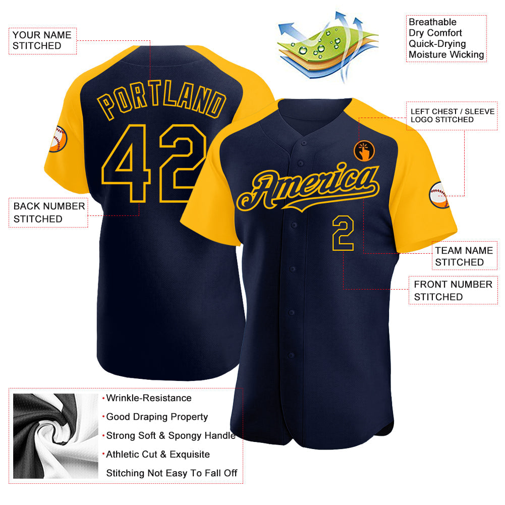Custom Navy Gold Authentic Raglan Sleeves Baseball Jersey baseball jersey product view 3