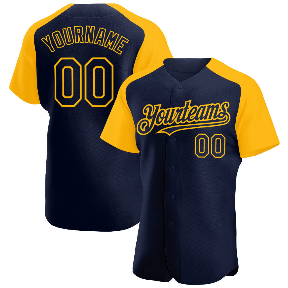 Custom Navy Gold Authentic Raglan Sleeves Baseball Jersey baseball jersey product view 1