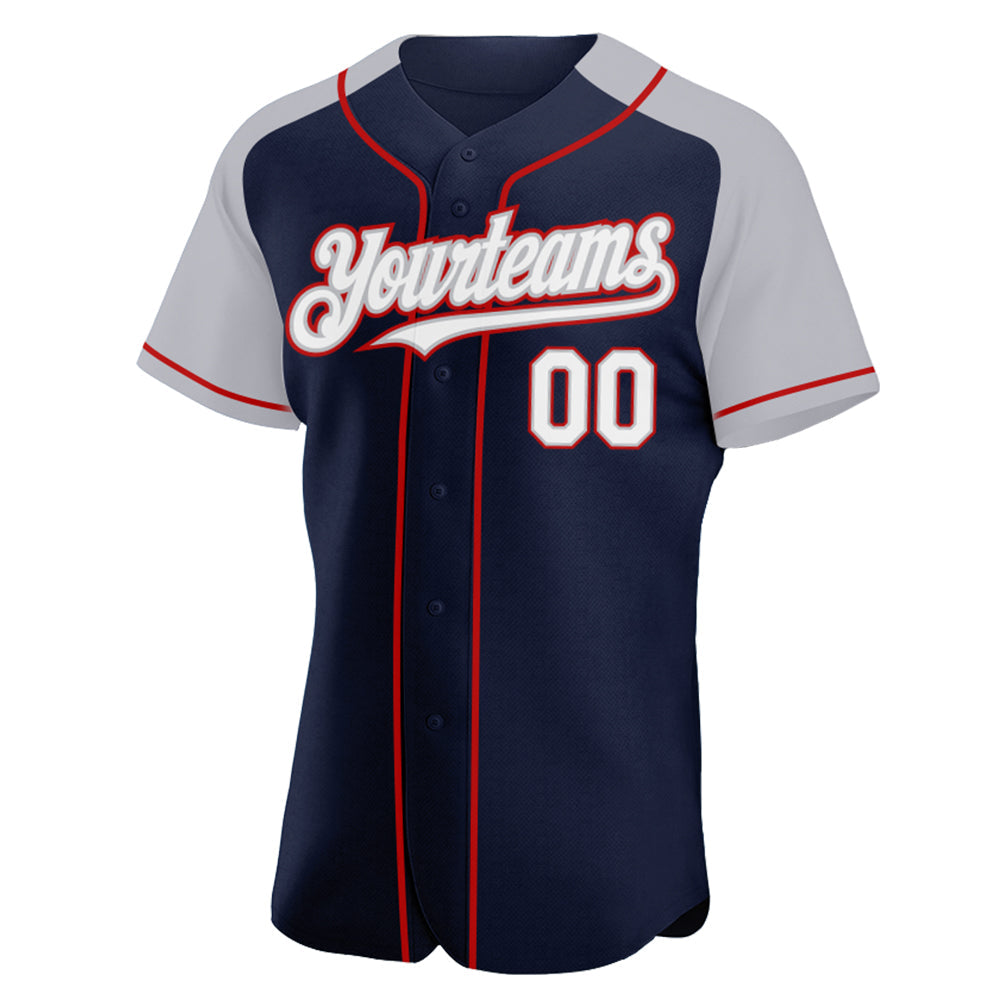 Custom Navy White Gray-Red Authentic Raglan Sleeves Baseball Jersey baseball jersey product view 2