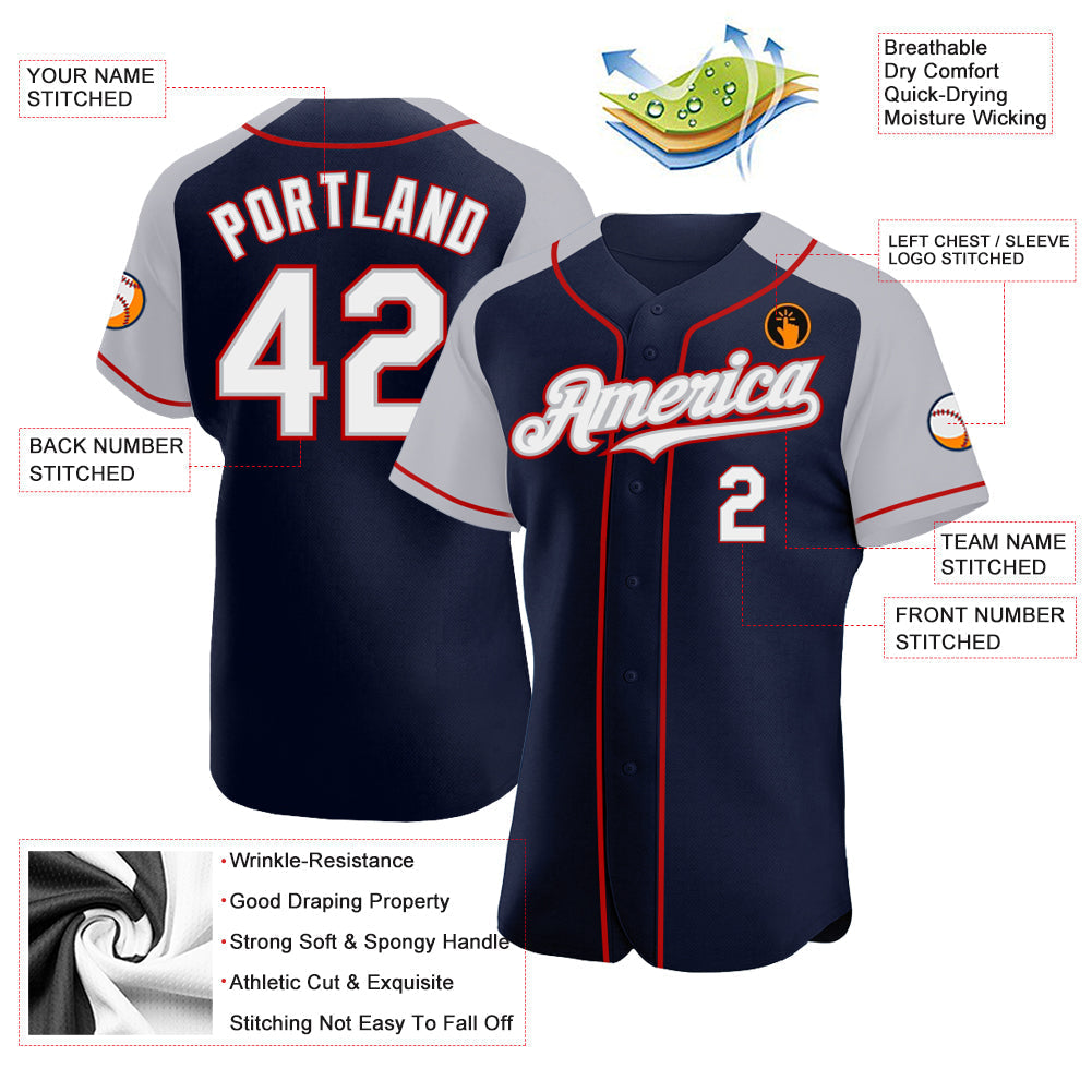 Custom Navy White Gray-Red Authentic Raglan Sleeves Baseball Jersey baseball jersey product view 3