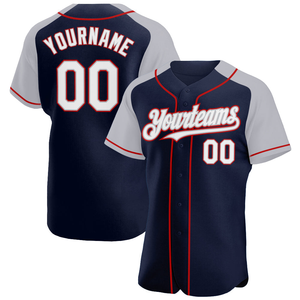 Custom Navy White Gray-Red Authentic Raglan Sleeves Baseball Jersey baseball jersey product view 1
