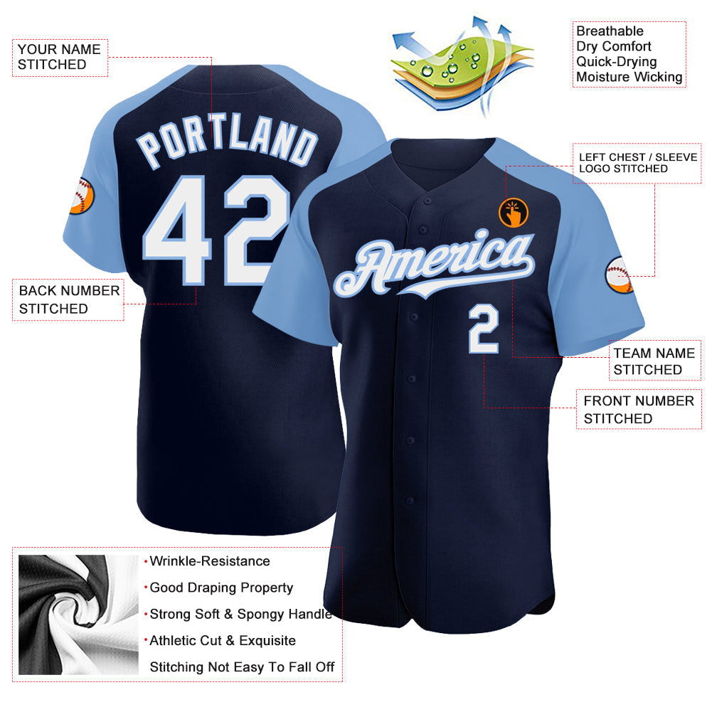 Custom Navy White-Light Blue Authentic Raglan Sleeves Baseball Jersey baseball jersey product view 3