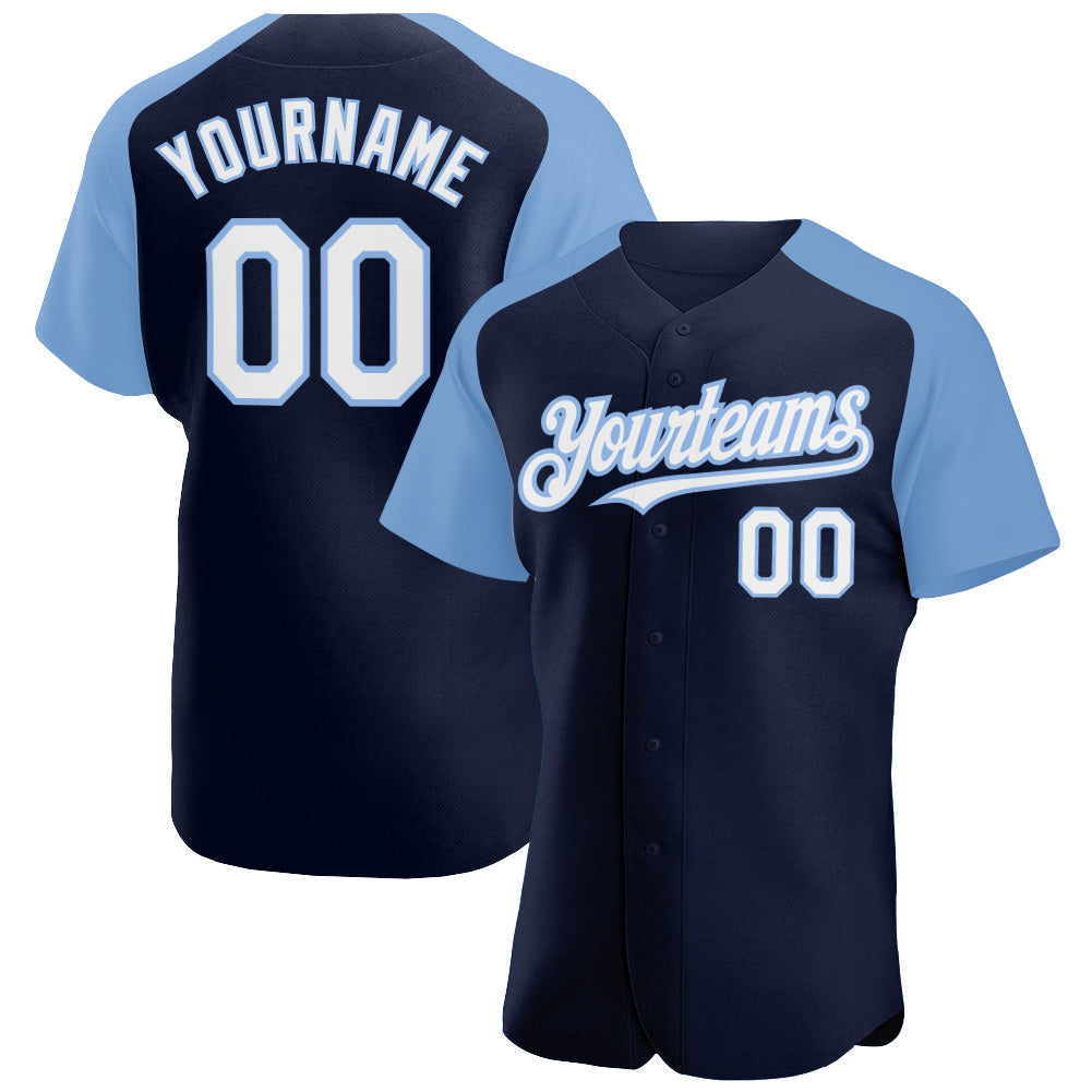 Custom Navy White-Light Blue Authentic Raglan Sleeves Baseball Jersey baseball jersey product view 1