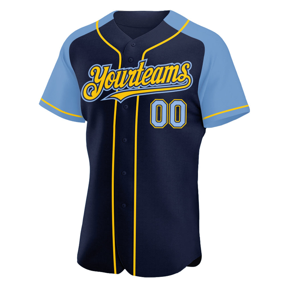Custom Navy Light Blue-Yellow Authentic Raglan Sleeves Baseball Jersey baseball jersey product view 2