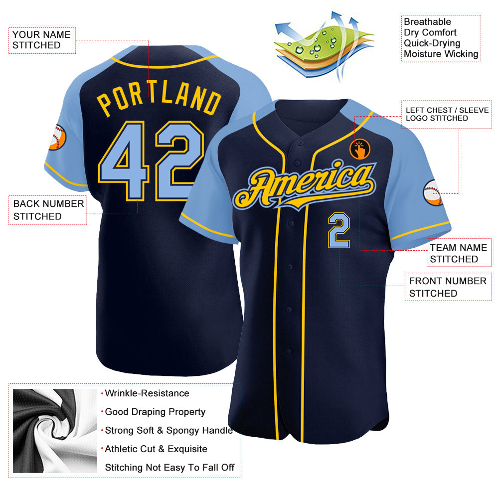 Custom Navy Light Blue-Yellow Authentic Raglan Sleeves Baseball Jersey baseball jersey product view 3