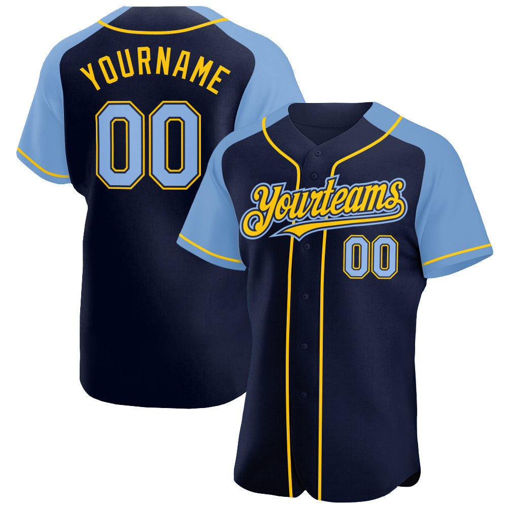 Custom Navy Light Blue-Yellow Authentic Raglan Sleeves Baseball Jersey baseball jersey product view 1