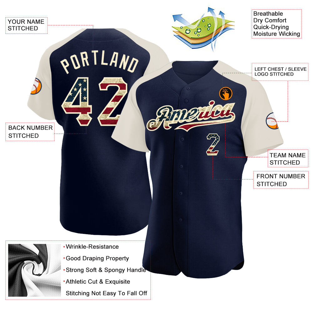 Custom Navy Vintage USA Flag-Cream Authentic Raglan Sleeves Baseball Jersey baseball jersey product view 3