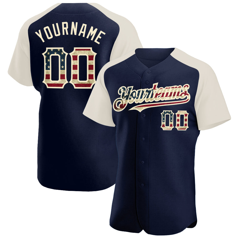 Custom Navy Vintage USA Flag-Cream Authentic Raglan Sleeves Baseball Jersey baseball jersey product view 1