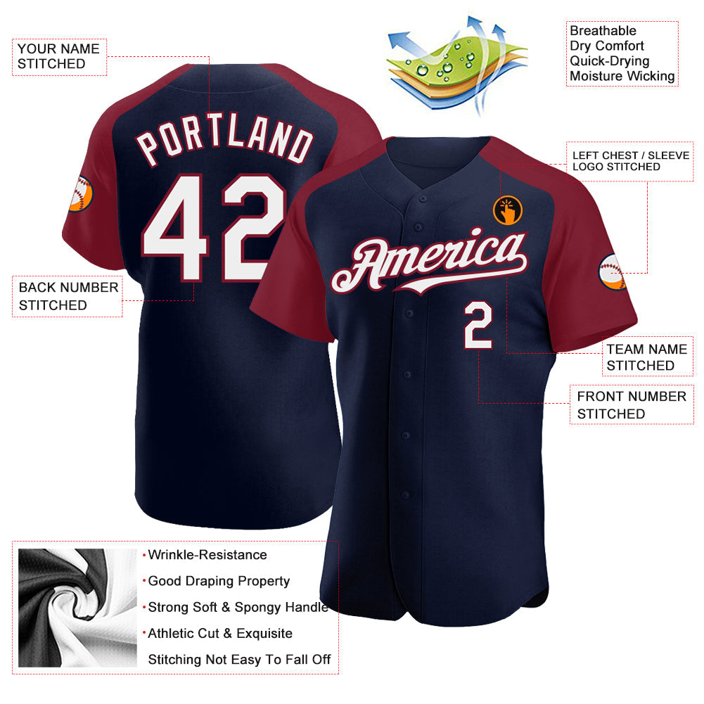 Custom Navy White-Crimson Authentic Raglan Sleeves Baseball Jersey baseball jersey product view 3