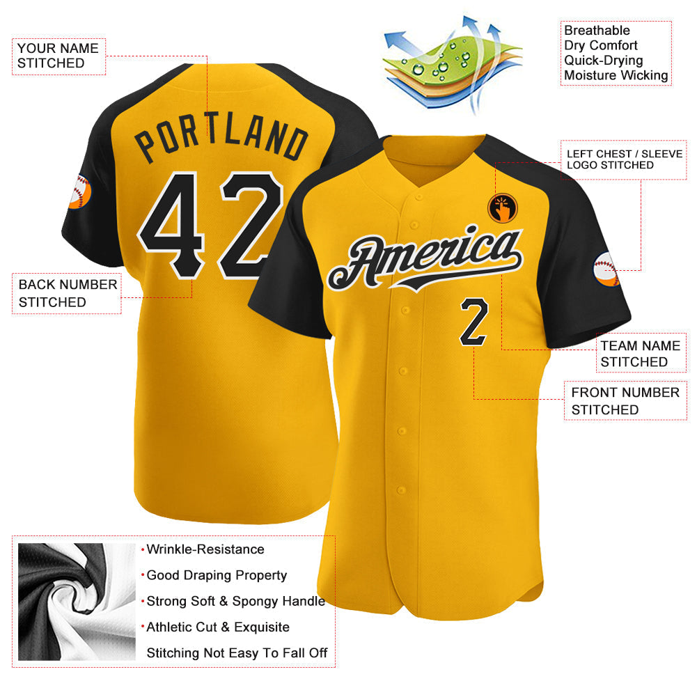 Custom Gold Black-White Authentic Raglan Sleeves Baseball Jersey baseball jersey product view 3