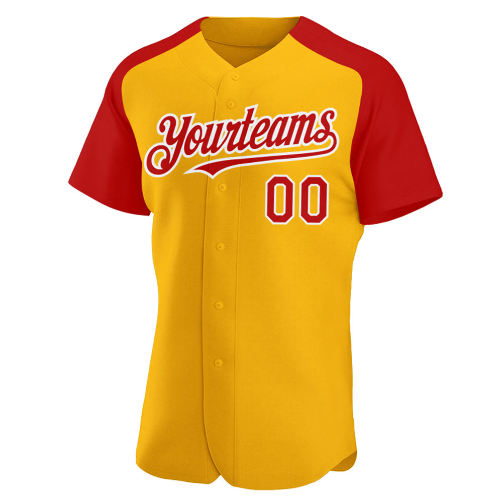 Custom Gold Red-White Authentic Raglan Sleeves Baseball Jersey baseball jersey product view 2