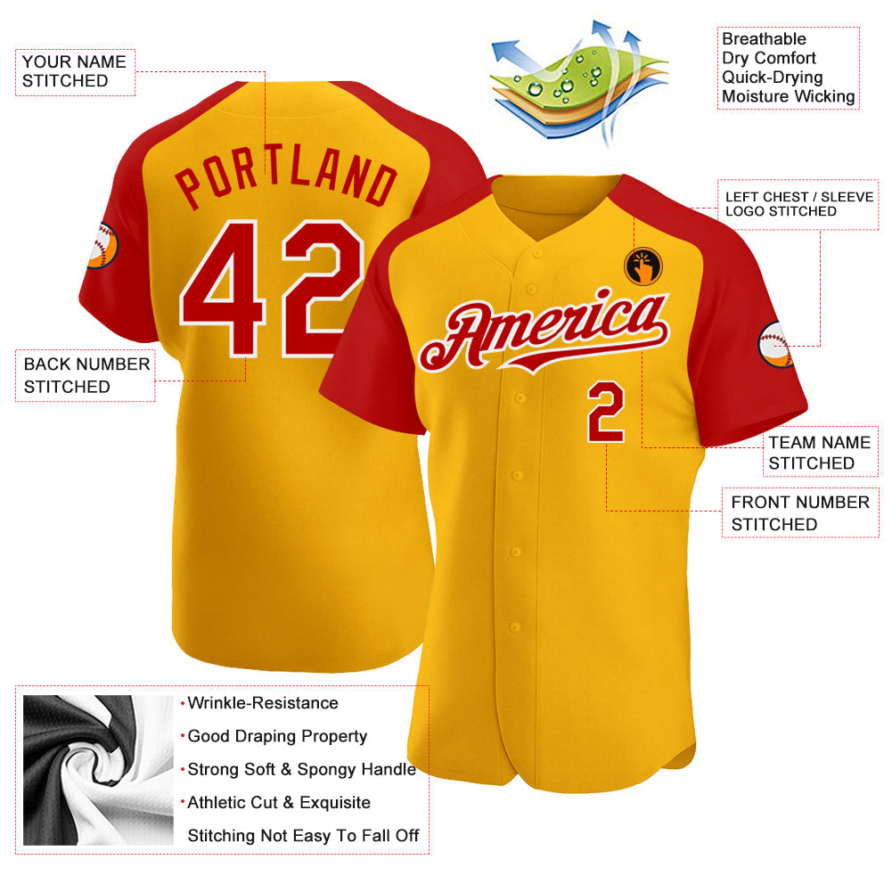 Custom Gold Red-White Authentic Raglan Sleeves Baseball Jersey baseball jersey product view 3
