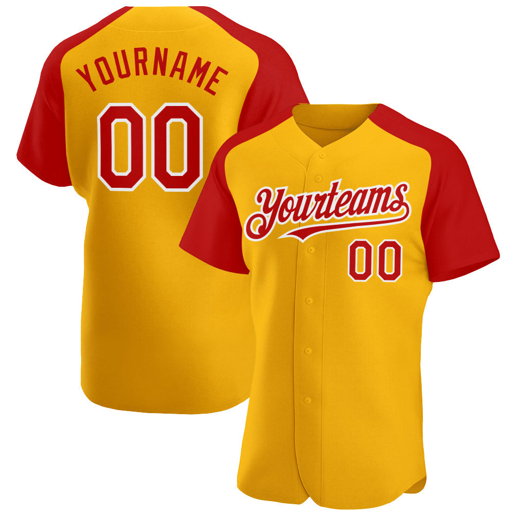 Custom Gold Red-White Authentic Raglan Sleeves Baseball Jersey baseball jersey product view 1