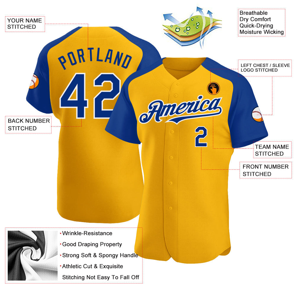 Custom Gold Royal-White Authentic Raglan Sleeves Baseball Jersey baseball jersey product view 3