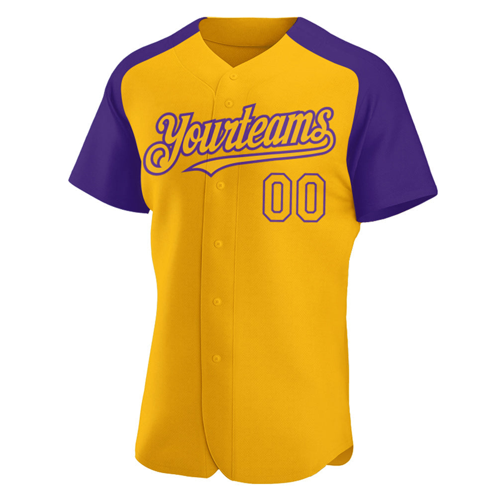 Custom Gold Purple Authentic Raglan Sleeves Baseball Jersey baseball jersey product view 2
