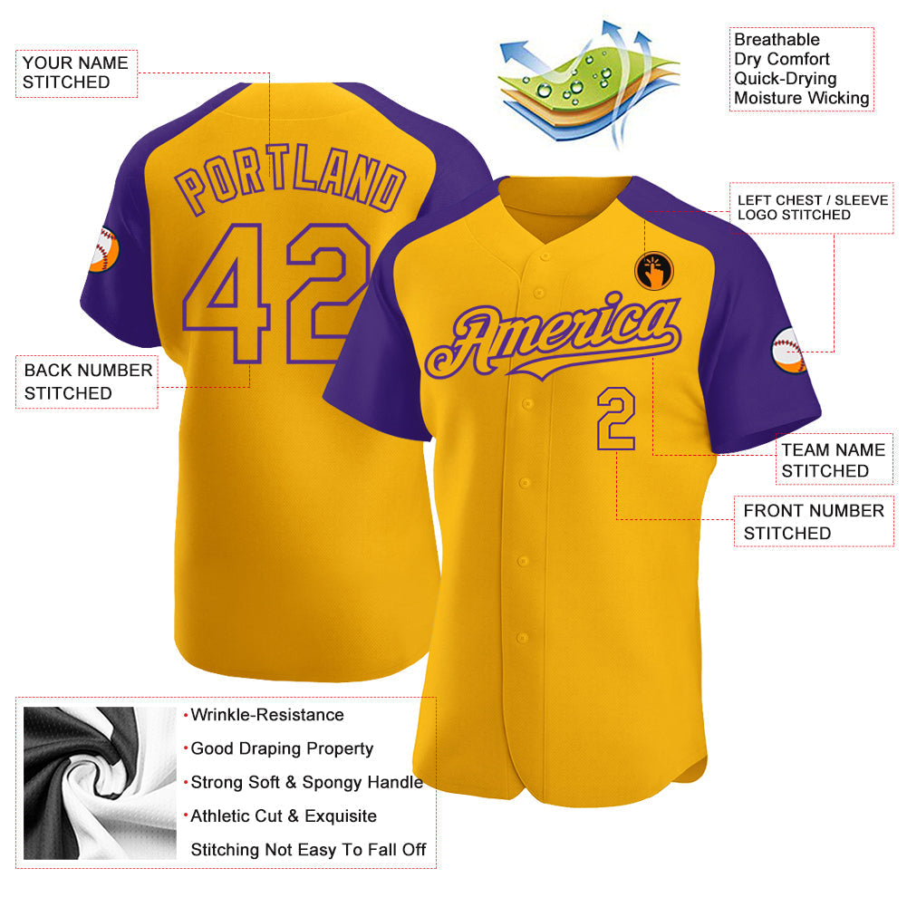 Custom Gold Purple Authentic Raglan Sleeves Baseball Jersey baseball jersey product view 3