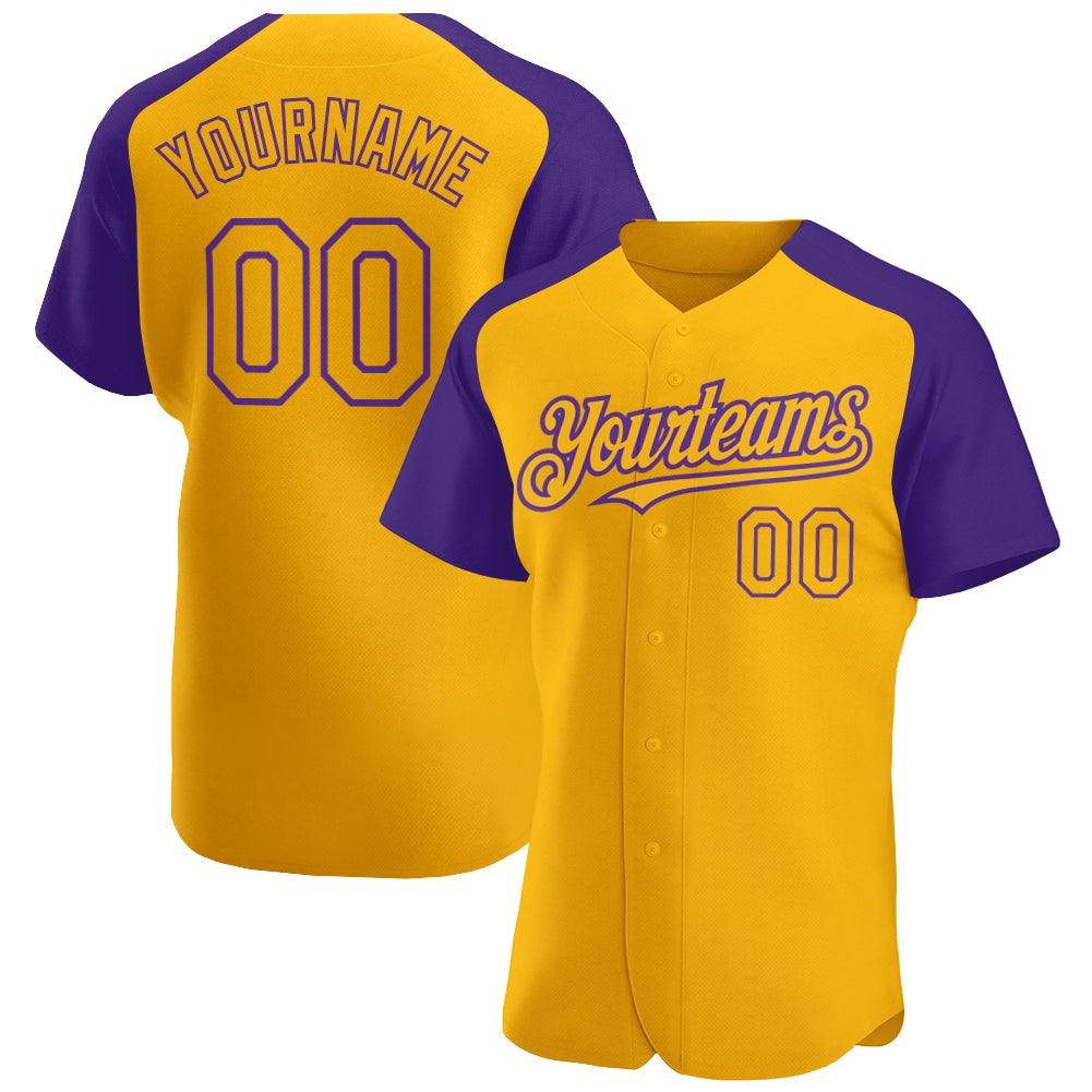 Custom Gold Purple Authentic Raglan Sleeves Baseball Jersey baseball jersey product view 1