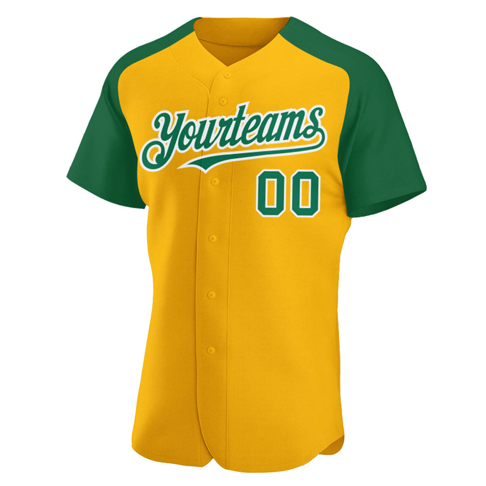 Custom Gold Kelly Green-White Authentic Raglan Sleeves Baseball Jersey baseball jersey product view 2