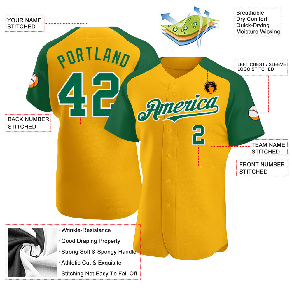 Custom Gold Kelly Green-White Authentic Raglan Sleeves Baseball Jersey baseball jersey product view 3