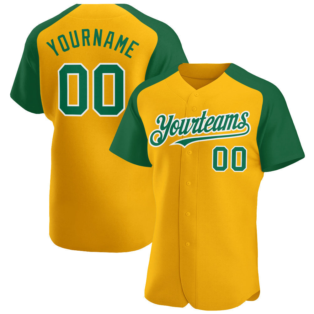 Custom Gold Kelly Green-White Authentic Raglan Sleeves Baseball Jersey baseball jersey product view 1