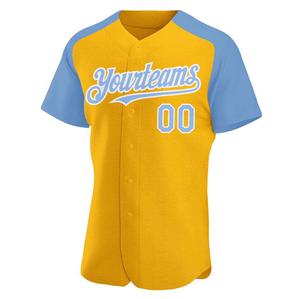 Custom Gold Light Blue-White Authentic Raglan Sleeves Baseball Jersey baseball jersey product view 2