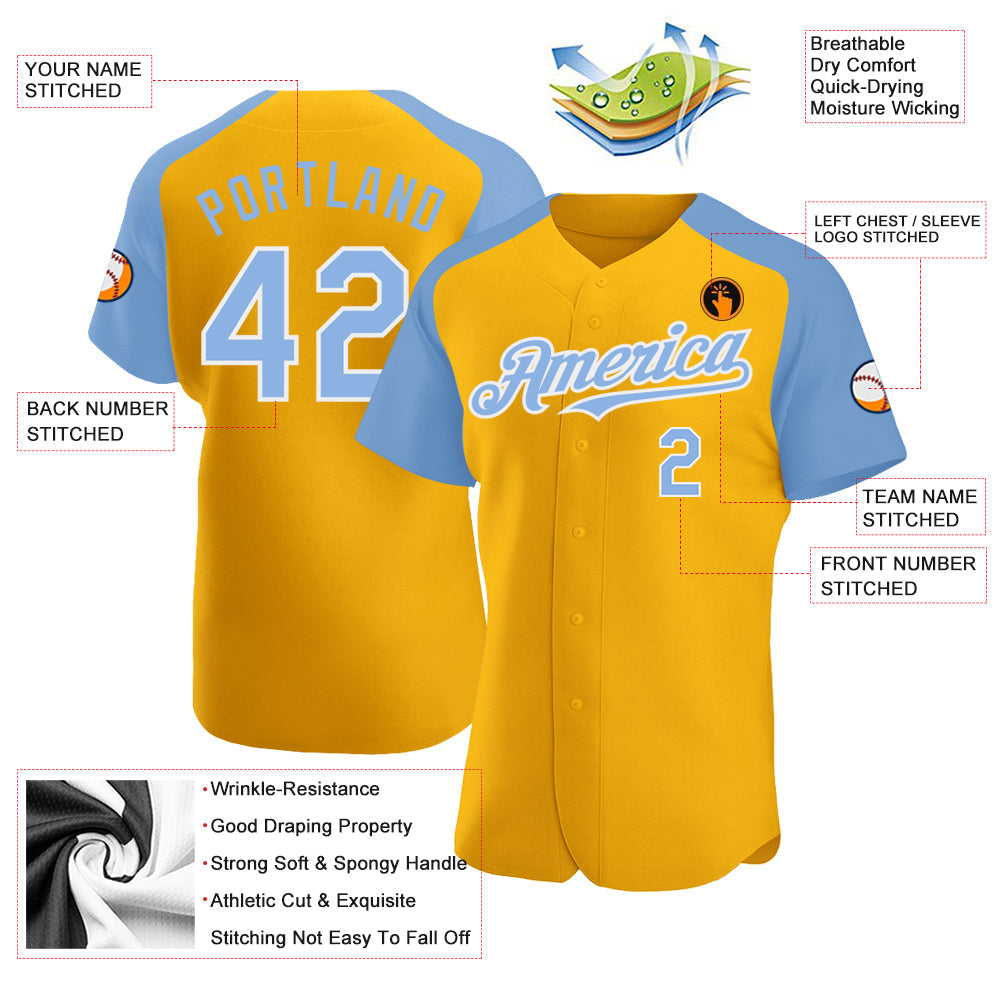 Custom Gold Light Blue-White Authentic Raglan Sleeves Baseball Jersey baseball jersey product view 3