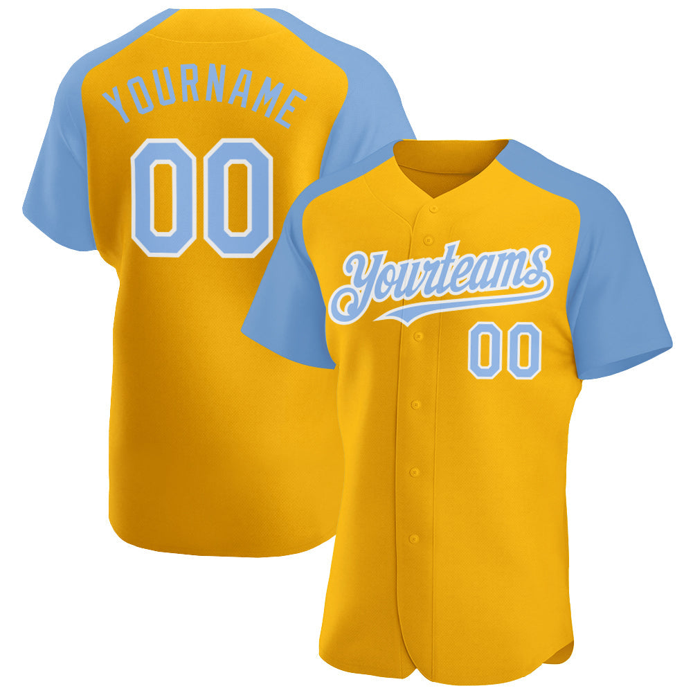 Custom Gold Light Blue-White Authentic Raglan Sleeves Baseball Jersey baseball jersey product view 1