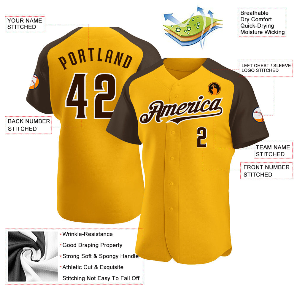 Custom Gold Brown-White Authentic Raglan Sleeves Baseball Jersey baseball jersey product view 3