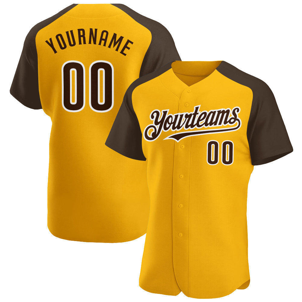 Custom Gold Brown-White Authentic Raglan Sleeves Baseball Jersey baseball jersey product view 1