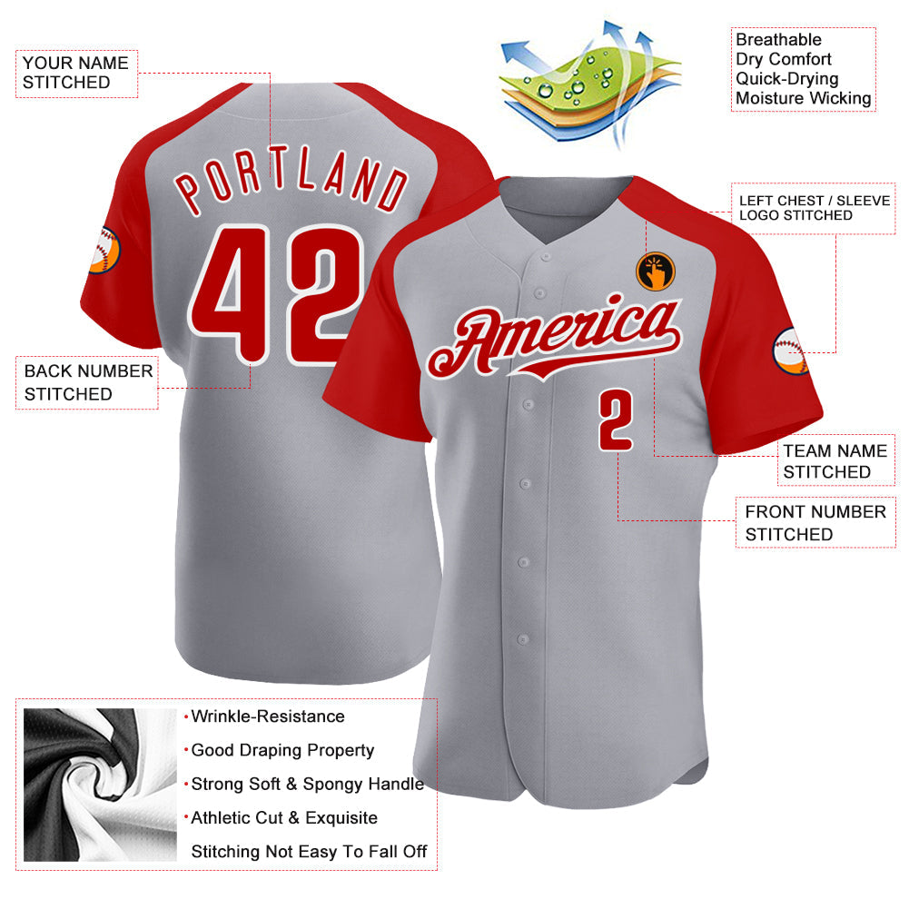 Custom Gray Red-White Authentic Raglan Sleeves Baseball Jersey baseball jersey product view 3