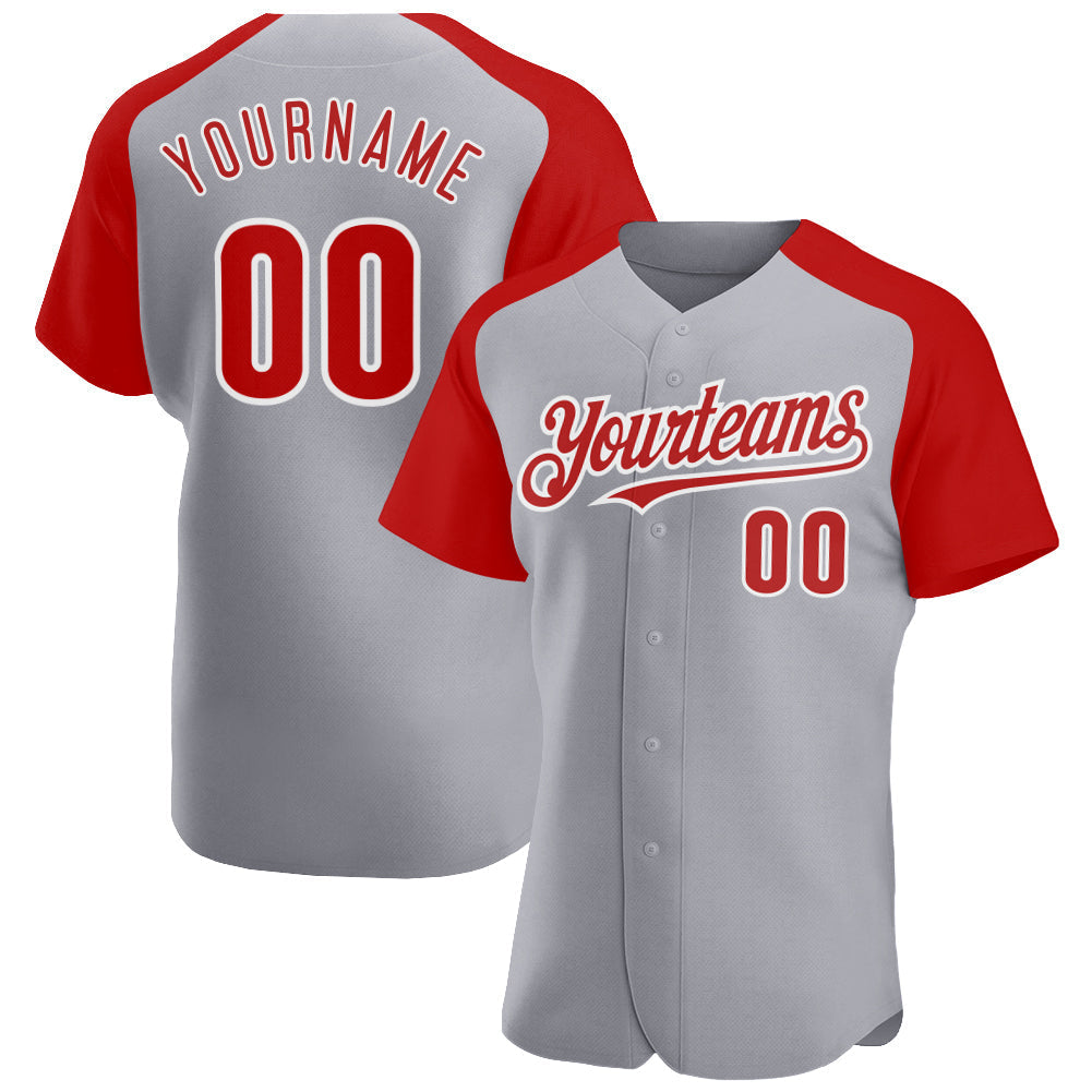 Custom Gray Red-White Authentic Raglan Sleeves Baseball Jersey baseball jersey product view 1