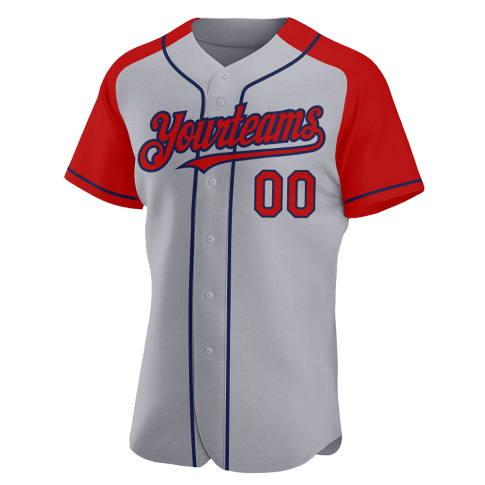 Custom Gray Red-Navy Authentic Raglan Sleeves Baseball Jersey baseball jersey product view 2